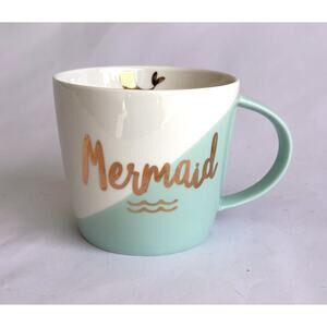 Slant Mermaid White Mint Green Gold Design Porcelain Coffee Tea Cup Mug